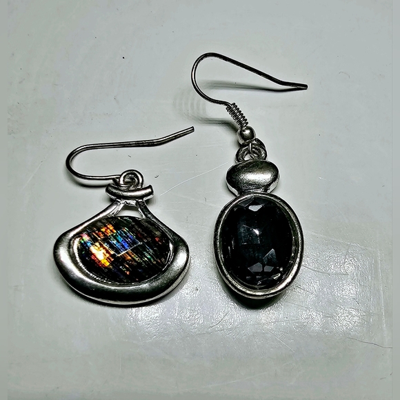 Modernist silver mixed match faceted oil slick dangle irregular earrings luxury - Picture 2 of 5